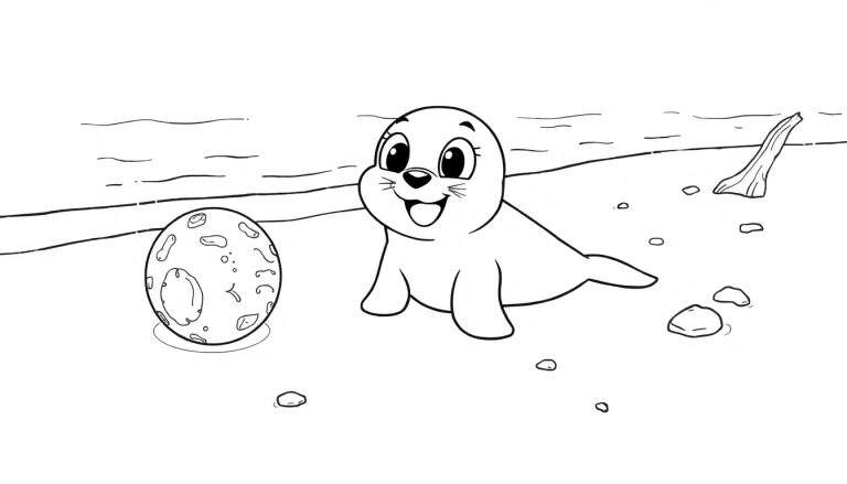 Placa de color de una foca bebé sonriente jugando con una pelota en la playa.