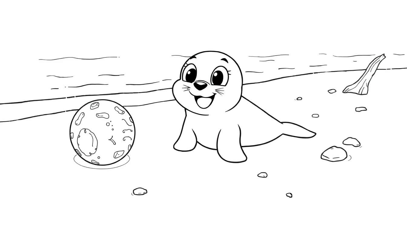 Placa de color de una foca bebé sonriente jugando con una pelota en la playa.