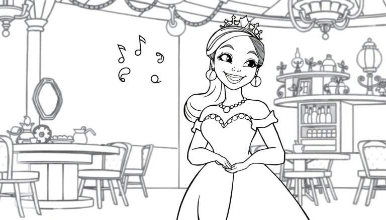 Placa de color de la Princesa Tiana en un elegante salón, lista para ser coloreada.