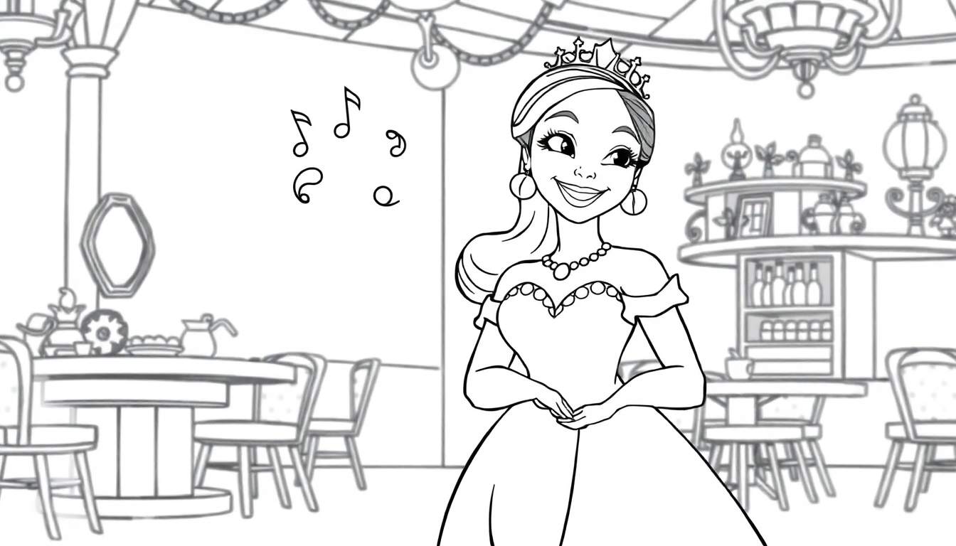 Placa de color de la Princesa Tiana en un elegante salón, lista para ser coloreada.