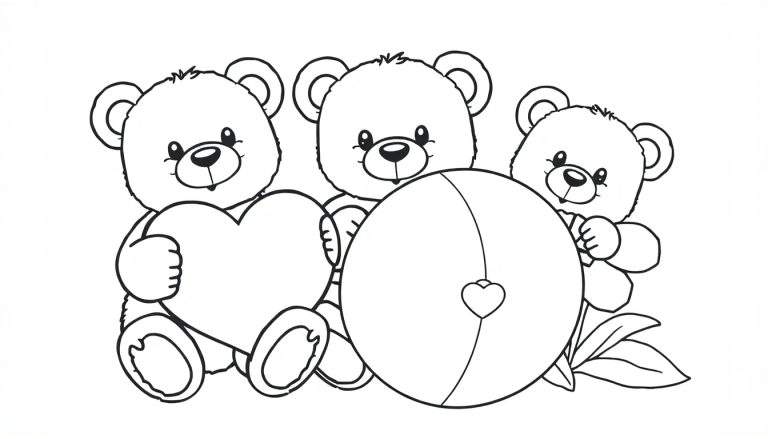 Placa de color con tres ositos de peluche en blanco y negro, uno con un corazón, otro con una bola con un corazón, y el tercero con una bola y hojas.