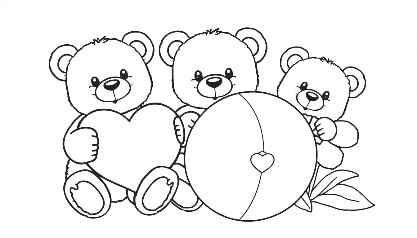 Placa de color con tres ositos de peluche en blanco y negro, uno con un corazón, otro con una bola con un corazón, y el tercero con una bola y hojas.