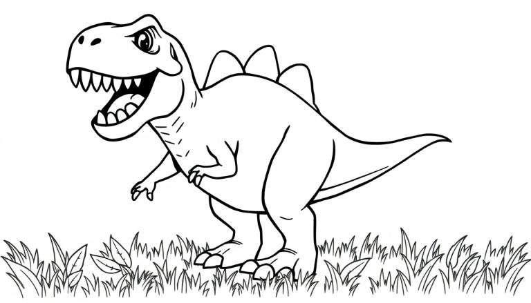 Un Tiranosaurio Rex amigable para colorear, con una placa de color en la espalda, listo para la diversión.