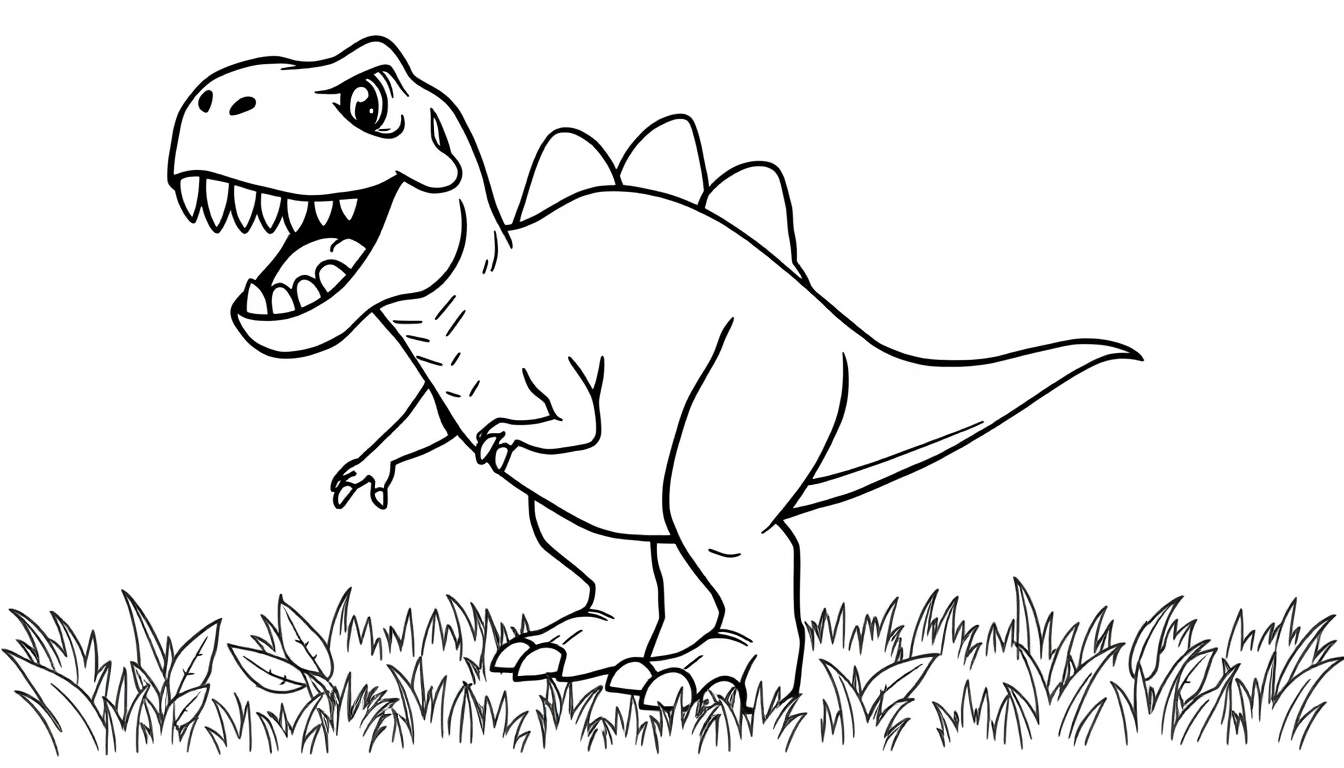 Un Tiranosaurio Rex amigable para colorear, con una placa de color en la espalda, listo para la diversión.