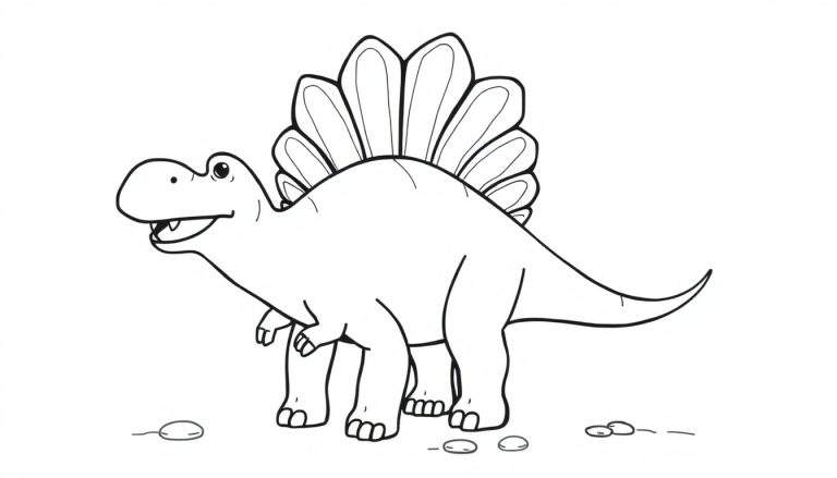 Un dibujo lineal de un dinosaurio Stegosaurus amigable, listo para colorear, con grandes placas en la espalda.