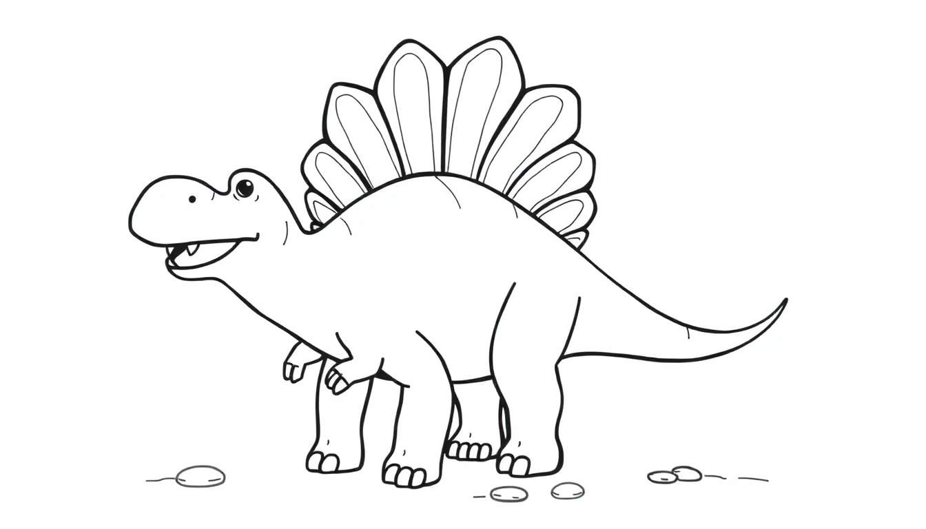 Un dibujo lineal de un dinosaurio Stegosaurus amigable, listo para colorear, con grandes placas en la espalda.