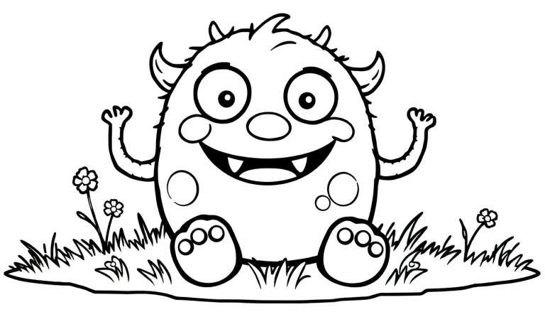 Monstruo tierno listo para colorear, en una placa de color blanco y negro, saludando con sus manos.