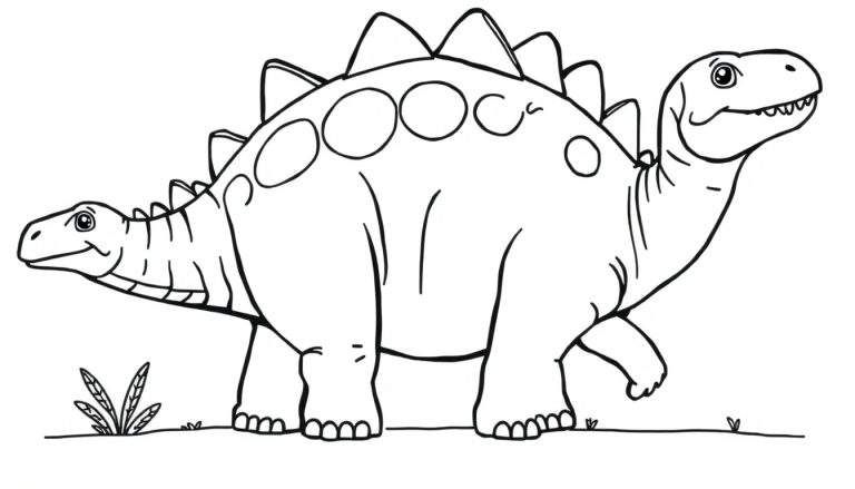 Un dibujo lineal amigable de un dinosaurio herbívoro con placas y espinas, listo para colorear.