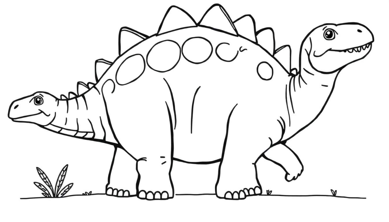 Un dibujo lineal amigable de un dinosaurio herbívoro con placas y espinas, listo para colorear.