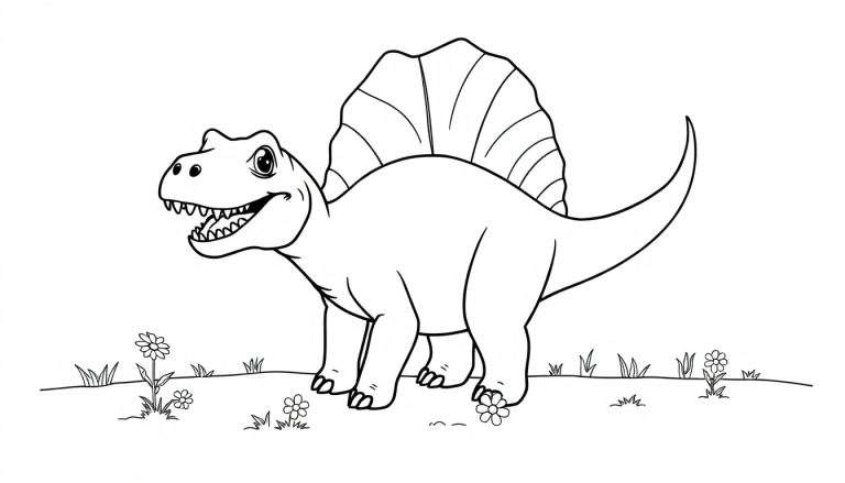 Un dibujo lineal de un Spinosaurus sonriente listo para que los niños lo coloreen, con su distintiva placa en la espalda y rodeado de hierba y flores.