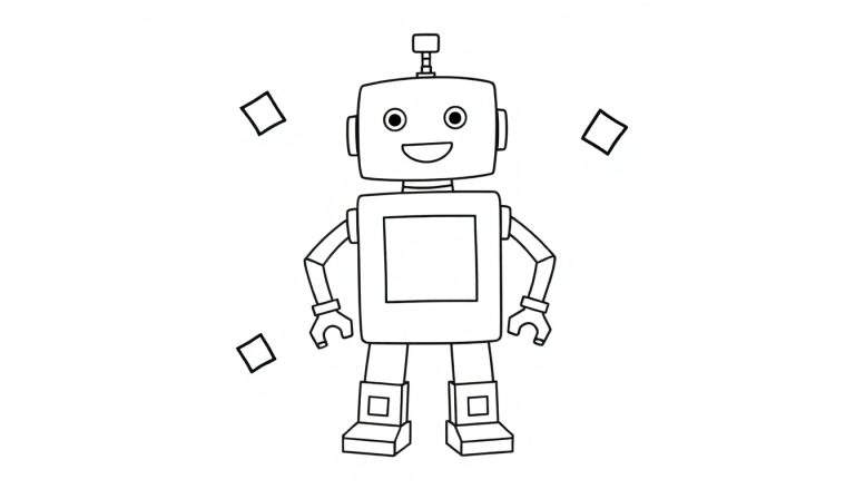 Placa de color de un robot amigable hecho de formas geométricas, sonriendo.