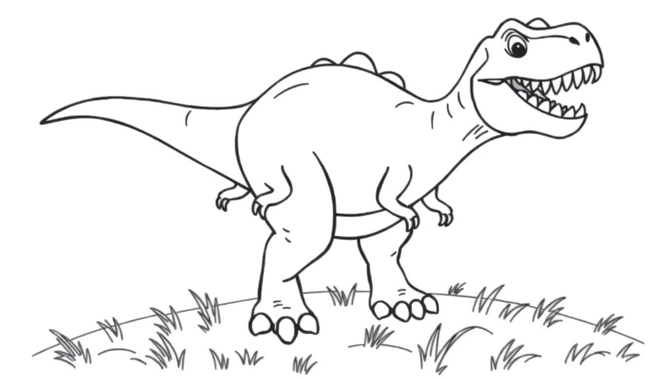 Un dibujo lineal de un Tiranosaurio Rex amigable, listo para ser coloreado en una placa de color.