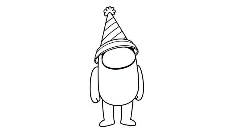 Tripulante de Among Us con gorro de fiesta, listo para colorear.