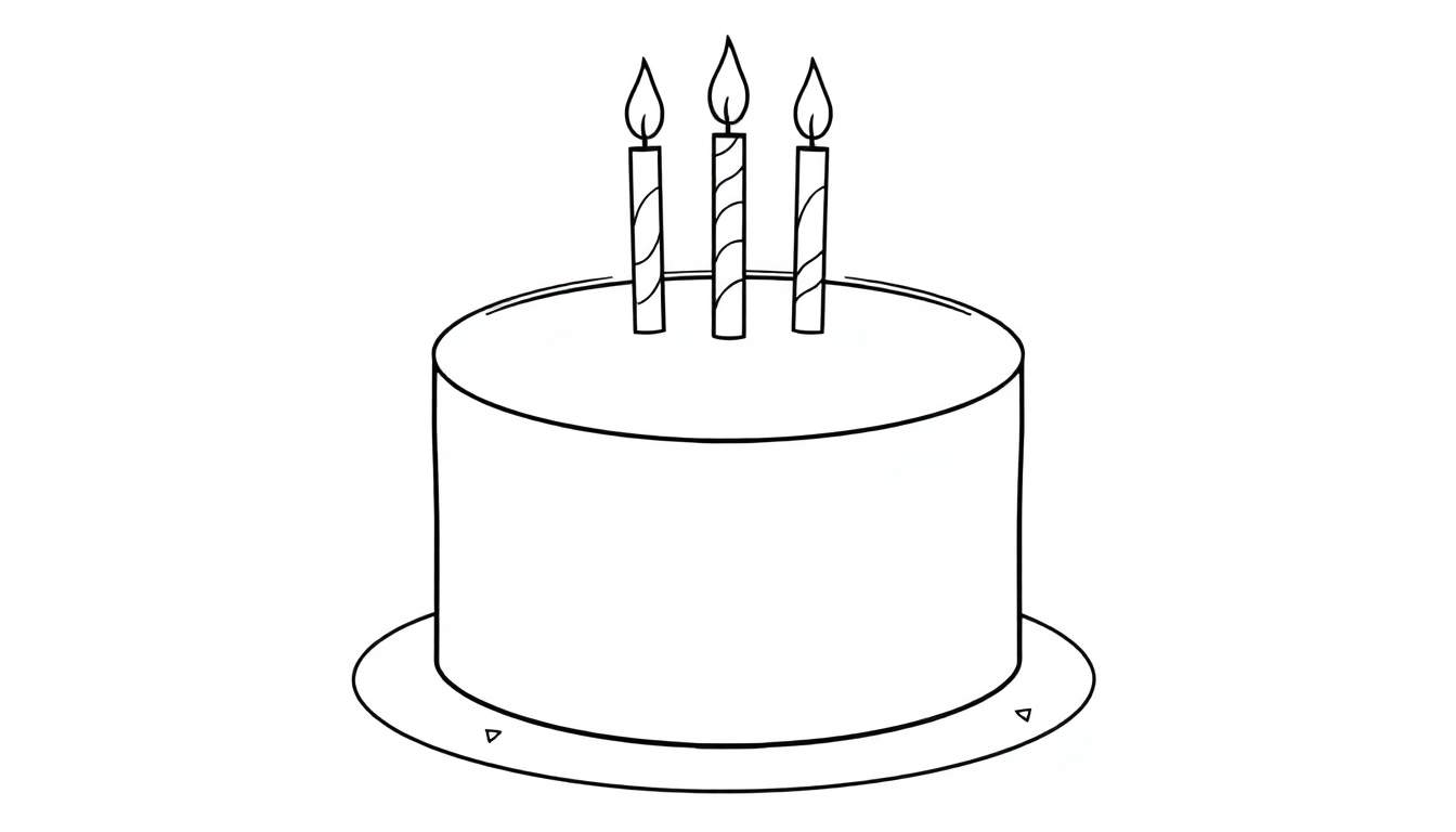 Una placa de color para colorear con una tarta de cumpleaños y tres velas.