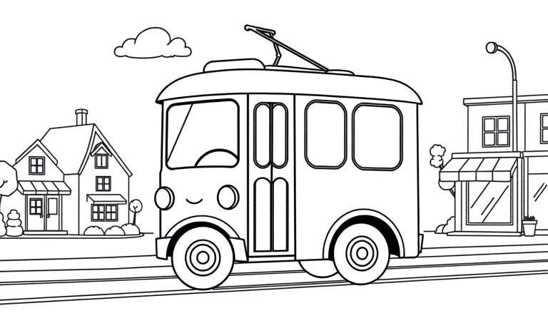 Un dibujo de tranvía amigable para colorear en una placa de color, con una casa y una tienda al fondo.
