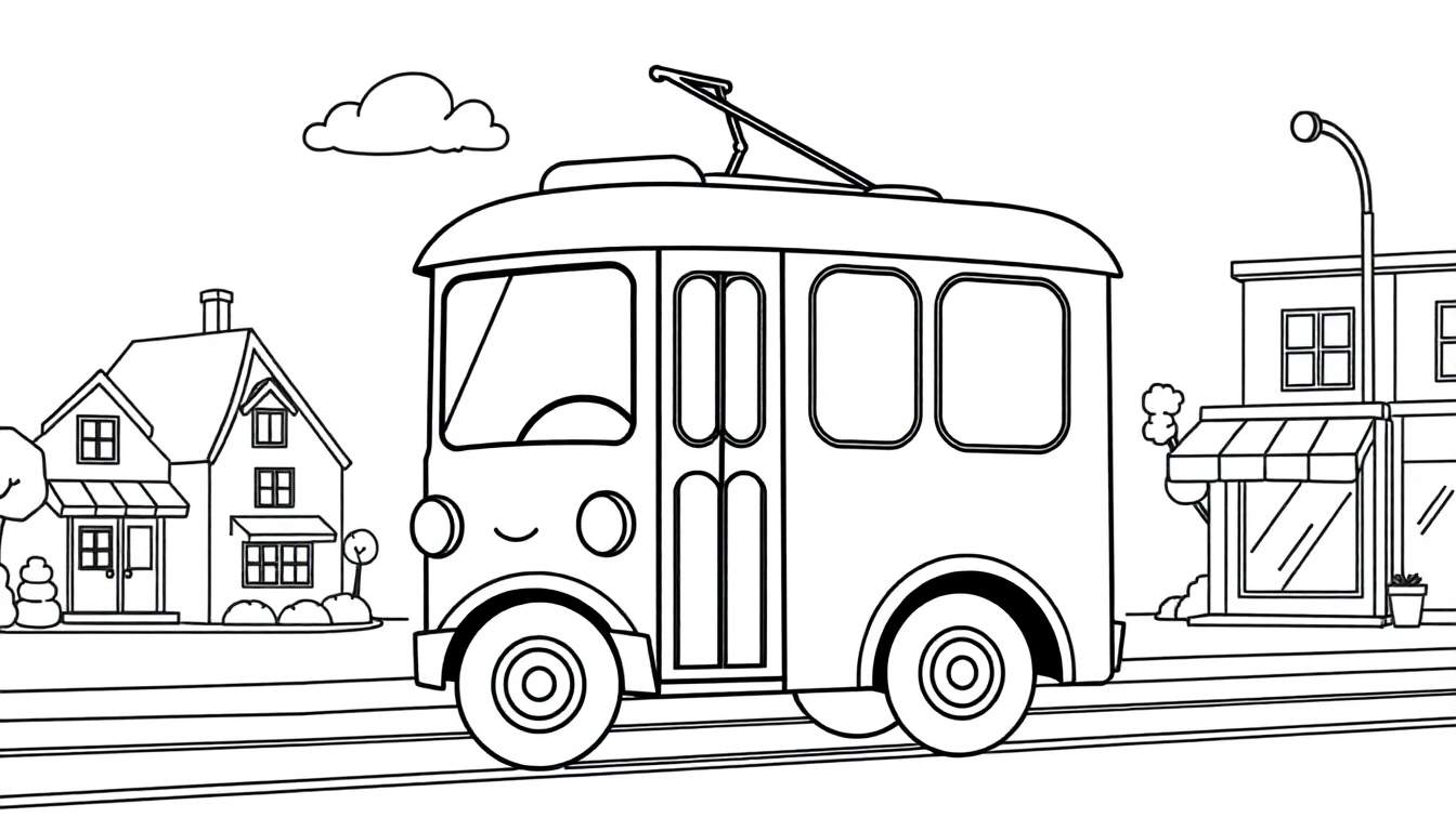 Un dibujo de tranvía amigable para colorear en una placa de color, con una casa y una tienda al fondo.