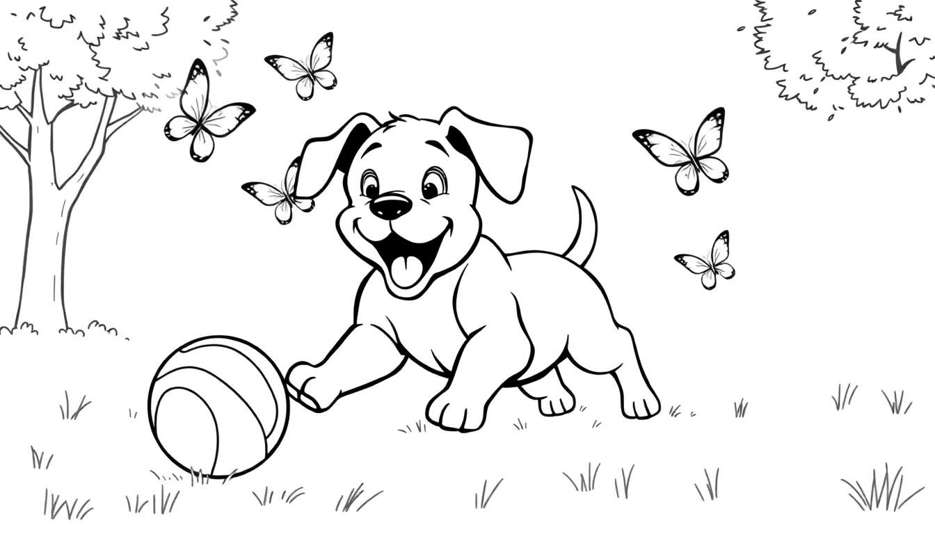 Un perro sonriente jugando con un balón en un campo con mariposas y árboles, para colorear.