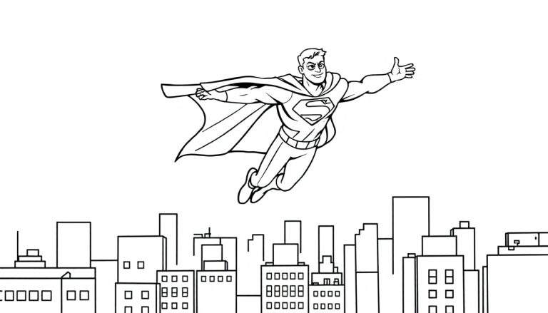 Superman volando sobre la ciudad, con el símbolo 'S' en el pecho y capa ondeando, listo para la acción. Ideal para colorear en esta placa.