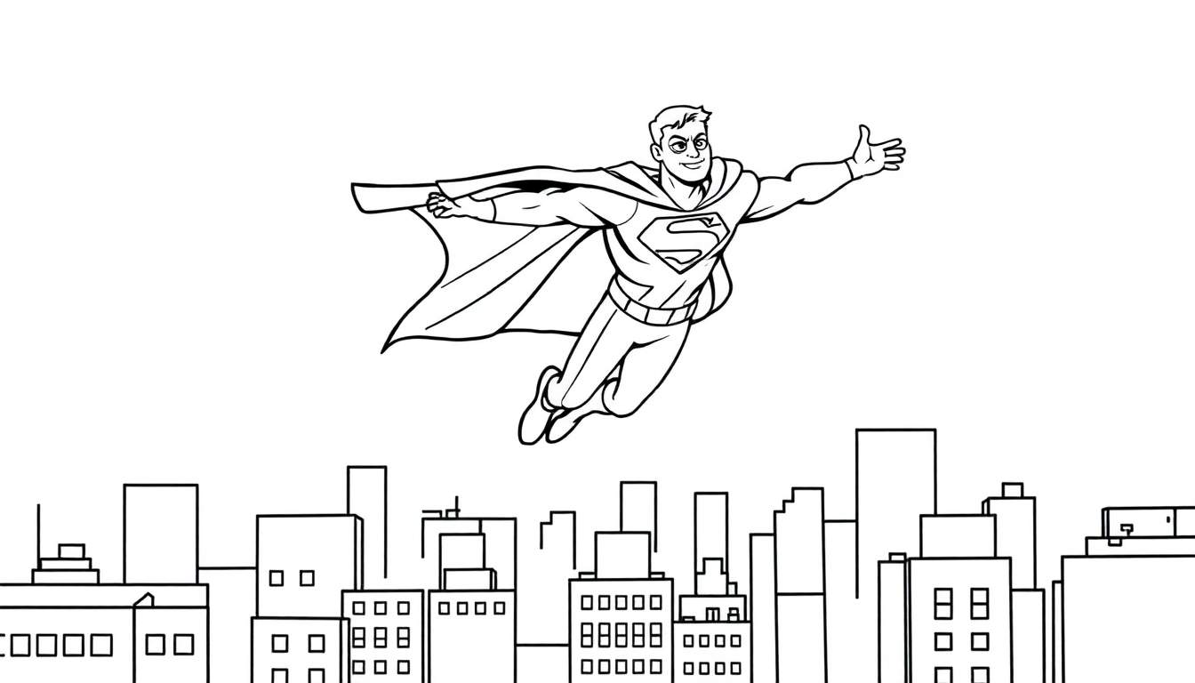 Superman volando sobre la ciudad, con el símbolo 'S' en el pecho y capa ondeando, listo para la acción. Ideal para colorear en esta placa.