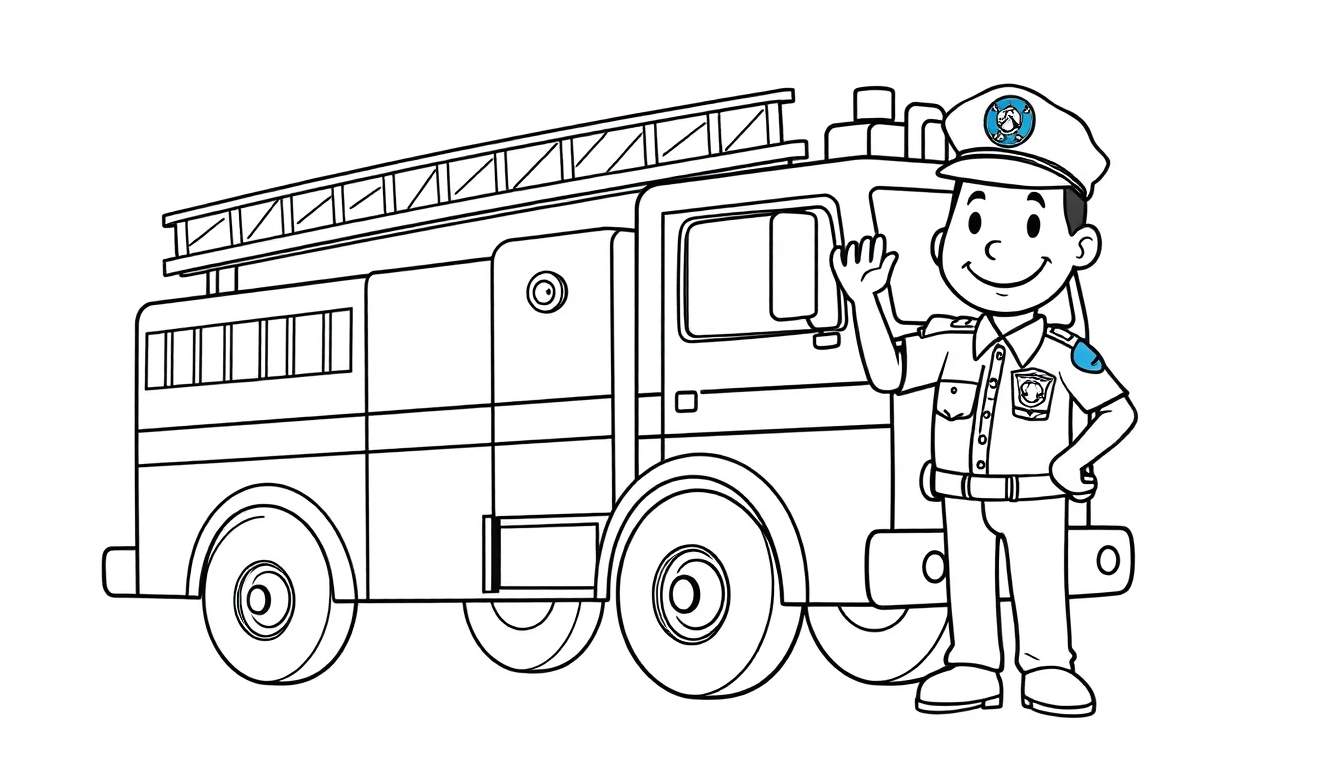 Página para colorear de un camión de bomberos y un bombero, con espacio para la placa de color.