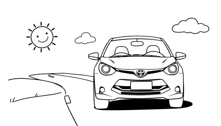 Un coche Toyota de color para colorear, con el sol y las nubes.