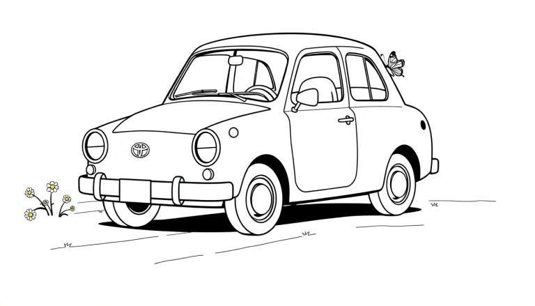 Ilustración de un coche Toyota antiguo con una placa de color para colorear, con una mariposa en la parte trasera y flores a un lado.