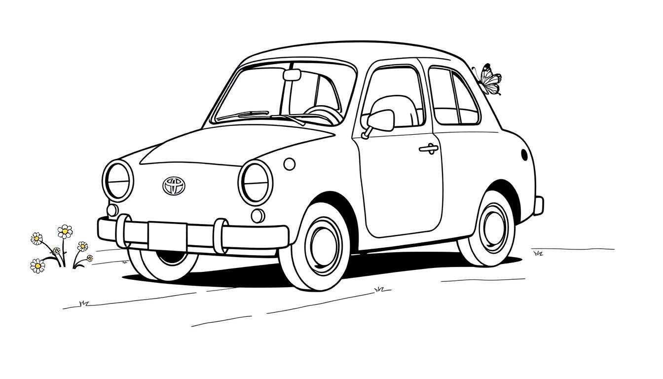 Ilustración de un coche Toyota antiguo con una placa de color para colorear, con una mariposa en la parte trasera y flores a un lado.