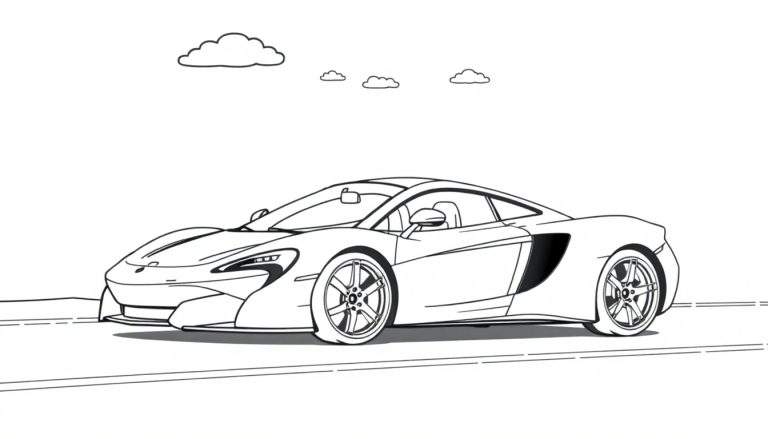 Un coche deportivo McLaren listo para colorear, con líneas negras y blancas y la palabra 'placa de color' visible.