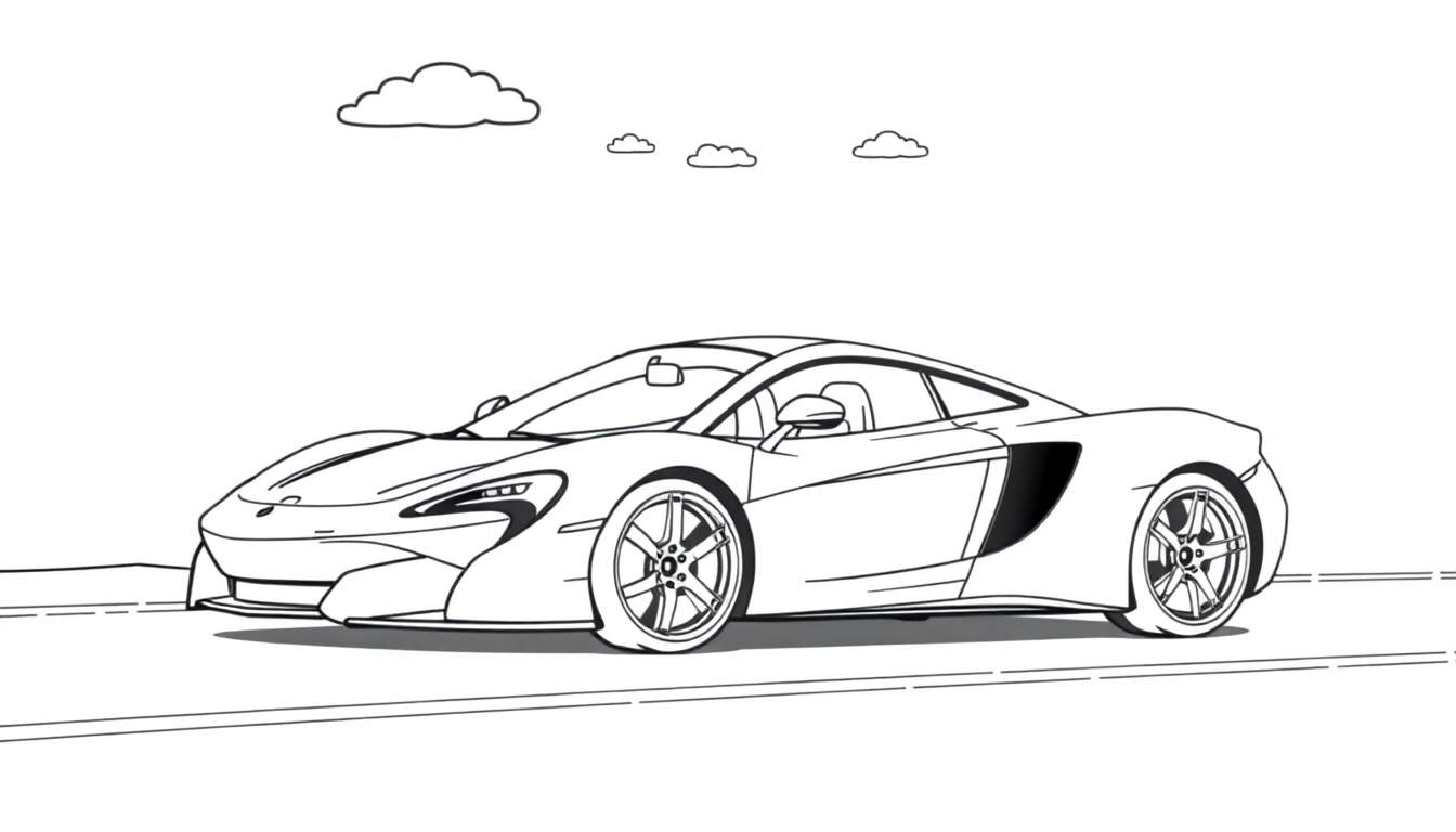 Un coche deportivo McLaren listo para colorear, con líneas negras y blancas y la palabra 'placa de color' visible.