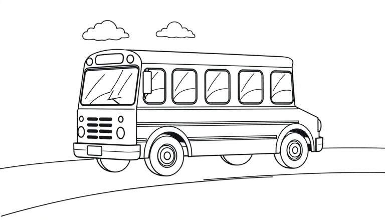 Un autobús escolar amarillo, listo para colorear, con grandes ventanas y ruedas circulares. Es un dibujo lineal en blanco y negro.