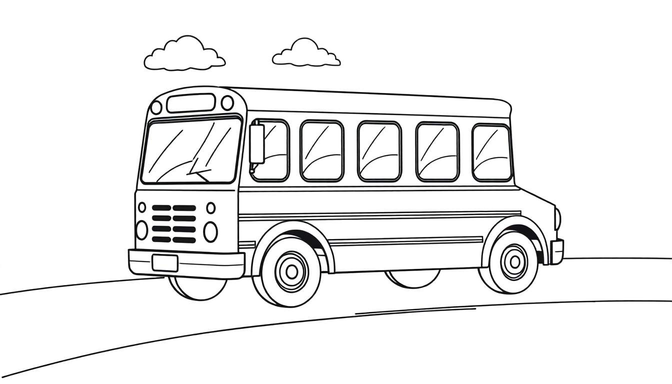 Un autobús escolar amarillo, listo para colorear, con grandes ventanas y ruedas circulares. Es un dibujo lineal en blanco y negro.