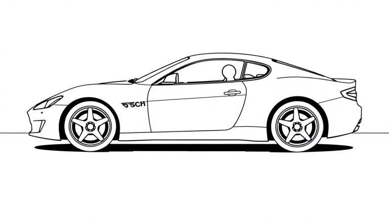 Un coche deportivo en blanco y negro listo para ser coloreado, con una placa de color a su lado.
