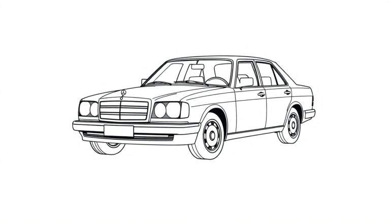Un elegante coche Mercedes-Benz clásico listo para colorear, con la palabra 'placa de color' visible.