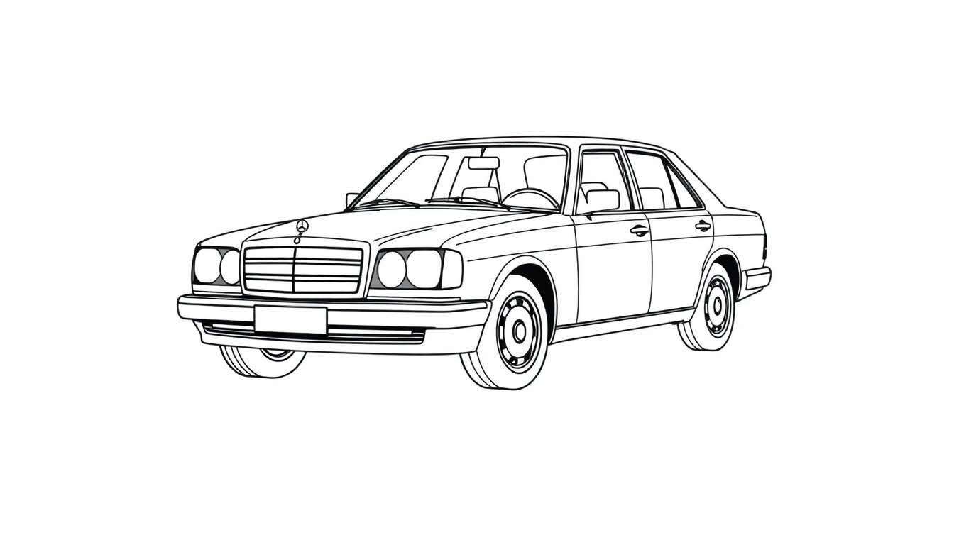 Un elegante coche Mercedes-Benz clásico listo para colorear, con la palabra 'placa de color' visible.