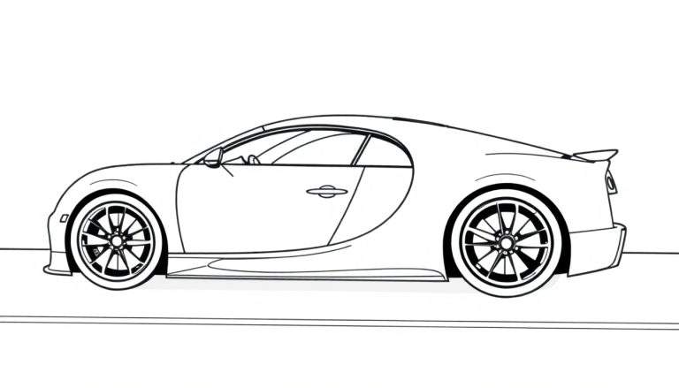Un boceto lineal de un coche deportivo Bugatti, listo para colorear, con líneas claras.