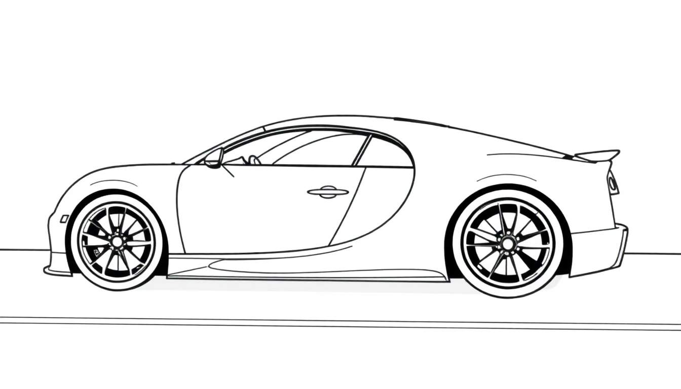 Un boceto lineal de un coche deportivo Bugatti, listo para colorear, con líneas claras.
