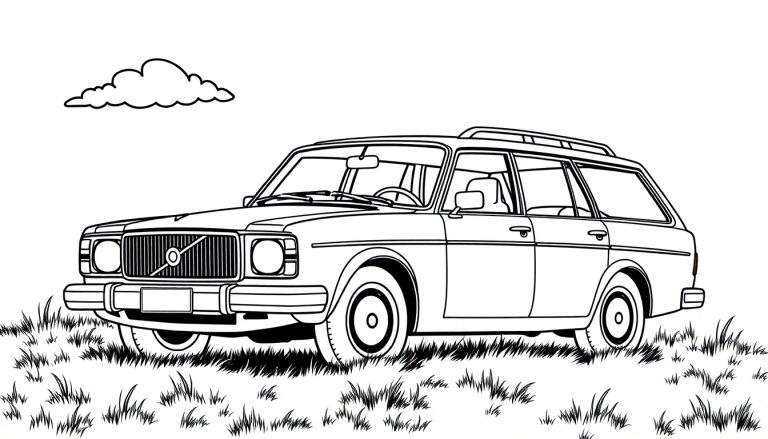 Un dibujo de un coche Volvo familiar para colorear, listo para añadir su propia placa de color.