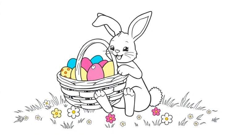 Un conejito de Pascua sentado junto a una cesta de huevos, listo para ser coloreado, con trazos lineales limpios.