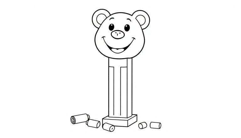 Página para colorear de un dispensador de caramelos PEZ con cabeza de oso, lista para añadir color.