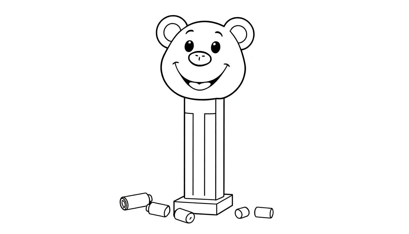 Página para colorear de un dispensador de caramelos PEZ con cabeza de oso, lista para añadir color.