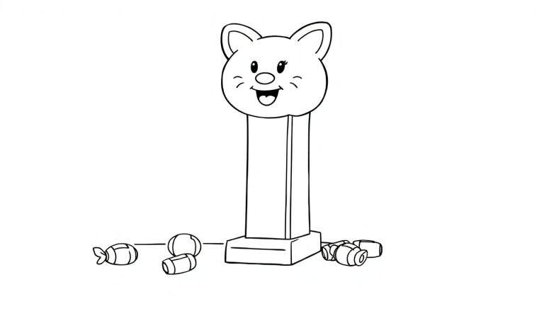 Página para colorear de un dispensador de caramelos Pez con forma de cabeza de gato sonriente, listo para la placa de color.