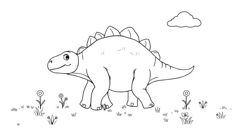 Un estegosaurio amigable con placas en su espalda y cola, caminando en un campo de flores y hierba.
