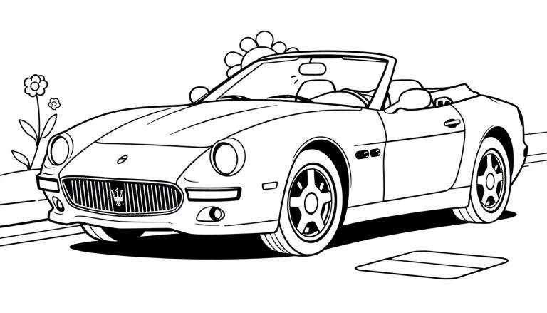 Un coche Maserati descapotable para colorear con líneas gruesas y flores de caricatura. Un dibujo en blanco y negro de un coche de estilo infantil.