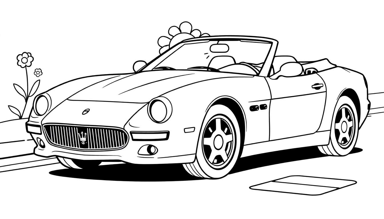 Un coche Maserati descapotable para colorear con líneas gruesas y flores de caricatura. Un dibujo en blanco y negro de un coche de estilo infantil.