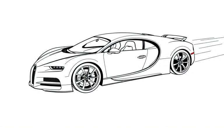 Un coche deportivo Bugatti Chiron para colorear, con la placa de color destacada.