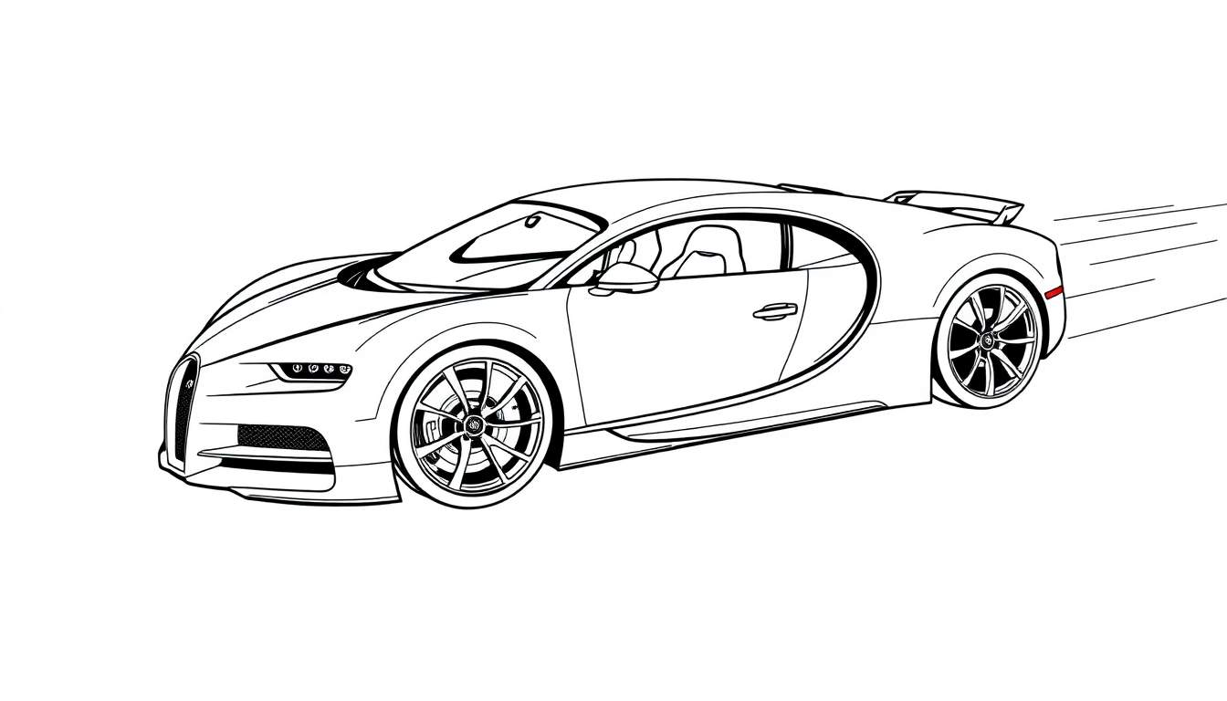 Un coche deportivo Bugatti Chiron para colorear, con la placa de color destacada.