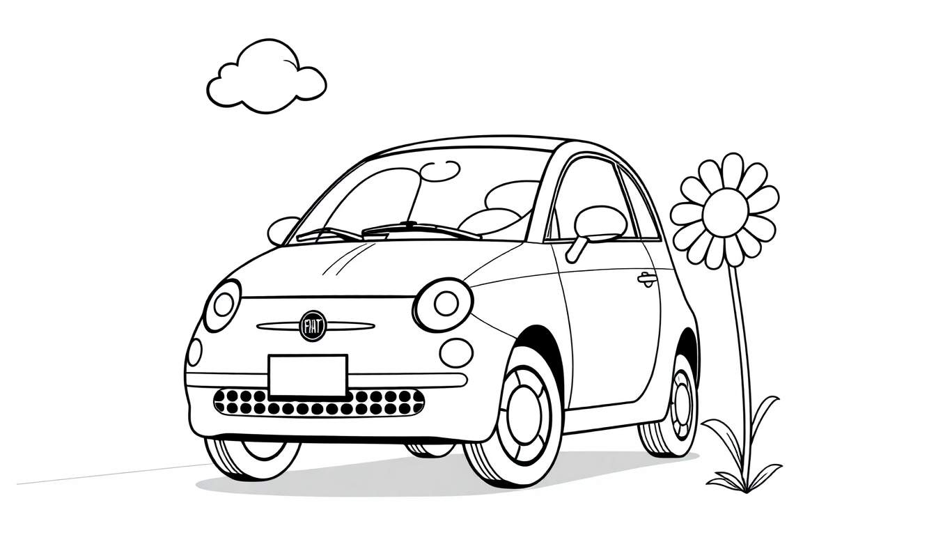 Un dibujo de un Fiat 500 y una flor con la posibilidad de añadirles su placa de color.