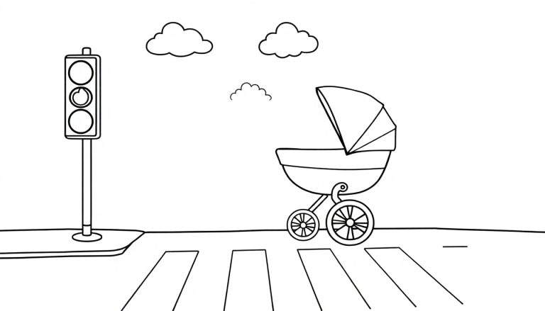 Un cochecito de bebé cruza el paso de cebra con el semáforo en verde, indicando que es seguro pasar. El dibujo es en blanco y negro para colorear.