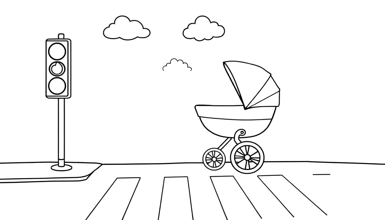 Un cochecito de bebé cruza el paso de cebra con el semáforo en verde, indicando que es seguro pasar. El dibujo es en blanco y negro para colorear.