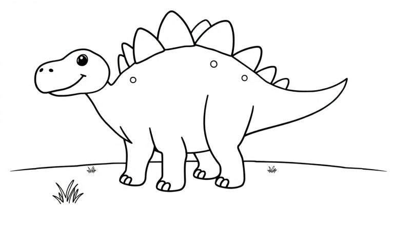 Un estegosaurio sonriente y amigable en blanco y negro, listo para ser coloreado, con grandes placas en su espalda y púas en su cola.